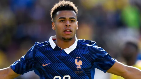 Desire Doue of France celebrates scoring his team's third goal during the international friendly.
