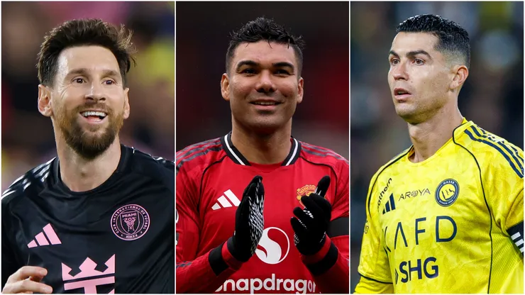 Lionel Messi (L) #10 of Inter Miami, Casemiro (M) of Manchester United, and Cristiano Ronaldo (R) of Al-Nassr FC.