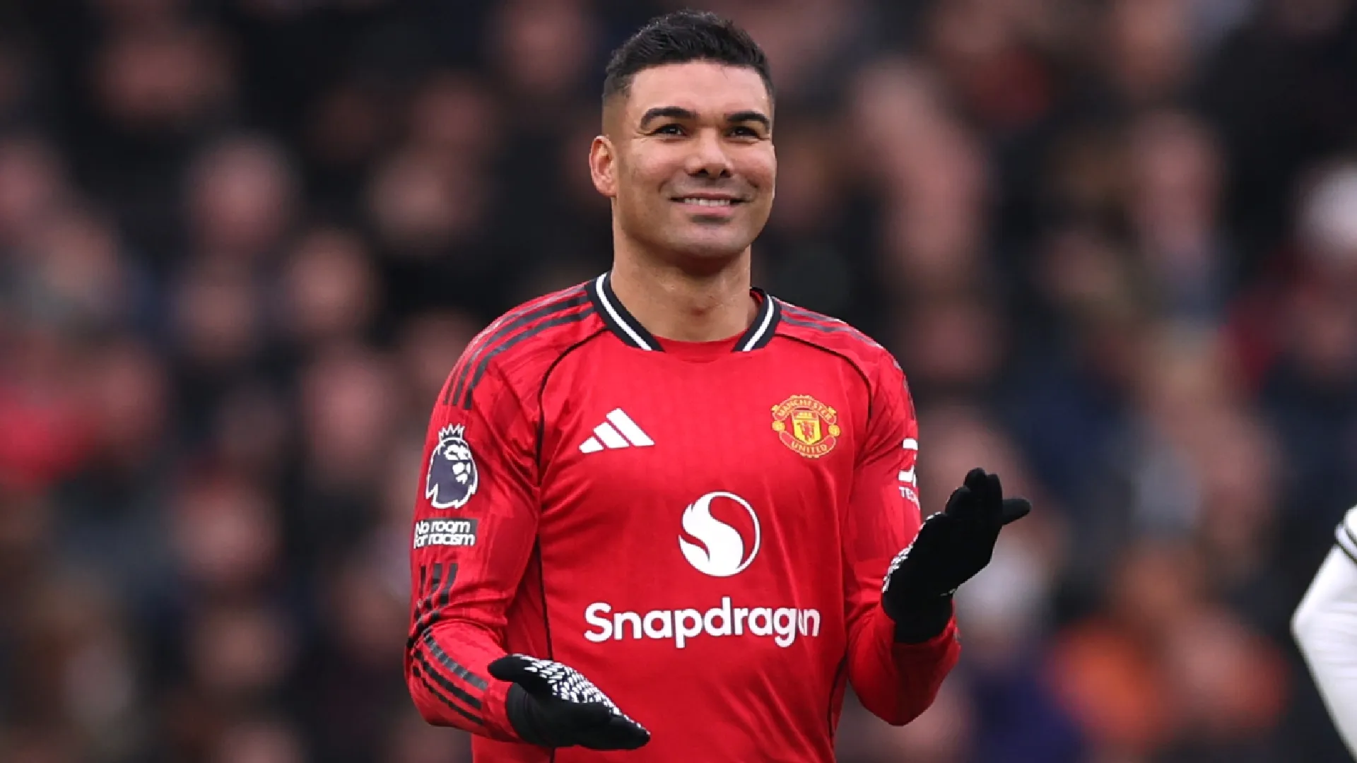 Casemiro of Manchester United celebrates after scoring against Fulham.