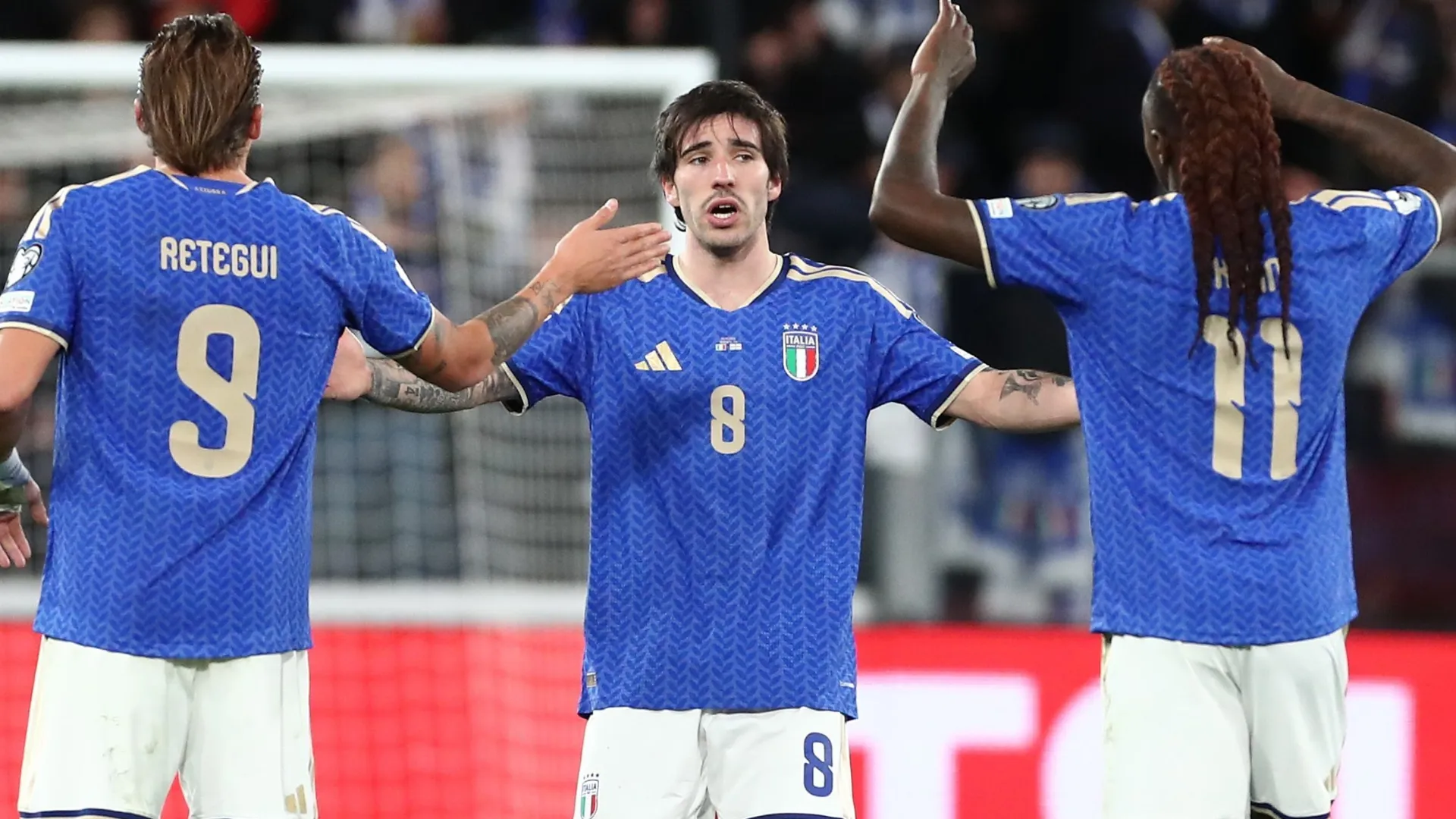 Italy stars Sandro Tonali (C), Mateo Retegui (L) and Moise Kean (R), 