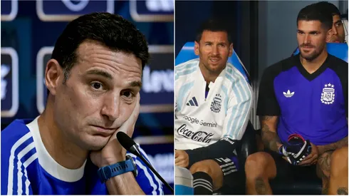 Lionel Scaloni (left), Lionel Messi and Rodrigo De Paul (right)