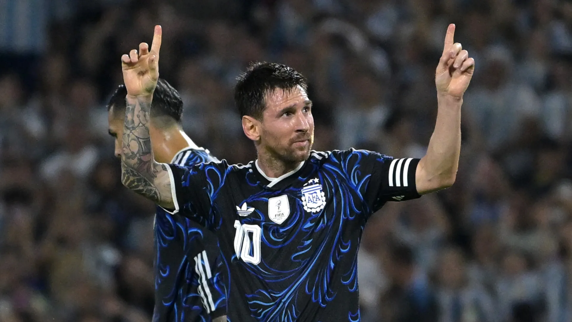 Lionel Messi of Argentina celebrates after scoring against Zambia.