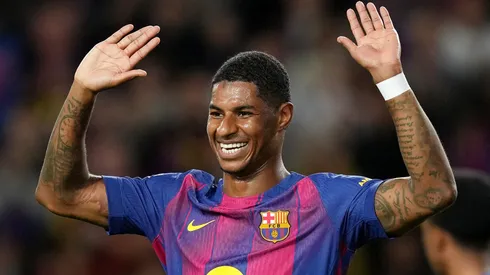Marcus Rashford of FC Barcelona celebrates scoring his team's third goal.