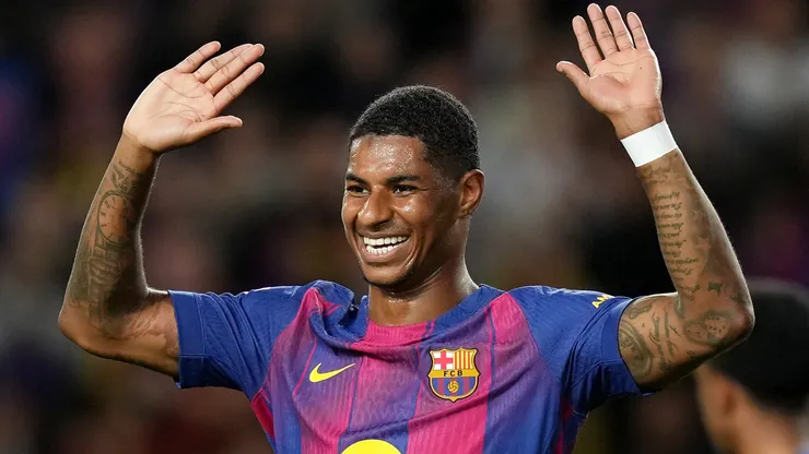 Marcus Rashford of FC Barcelona celebrates scoring his team's third goal.