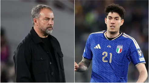 Barcelona coach Hansi Flick and Italy defender Alessandro Bastoni.