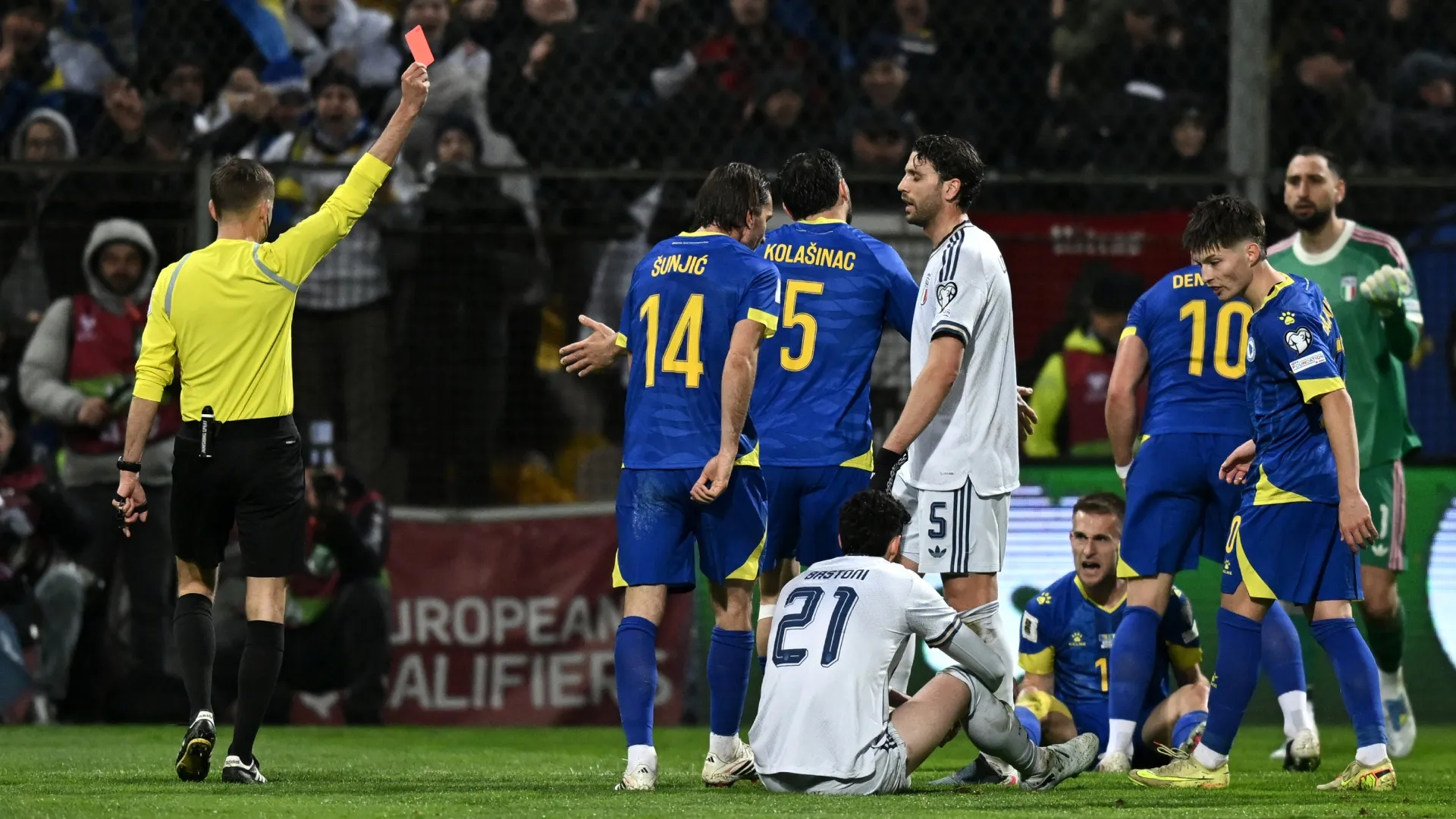 Bastoni was sent off during the first half of the match between Italy and Bosnia and Herzegovina.