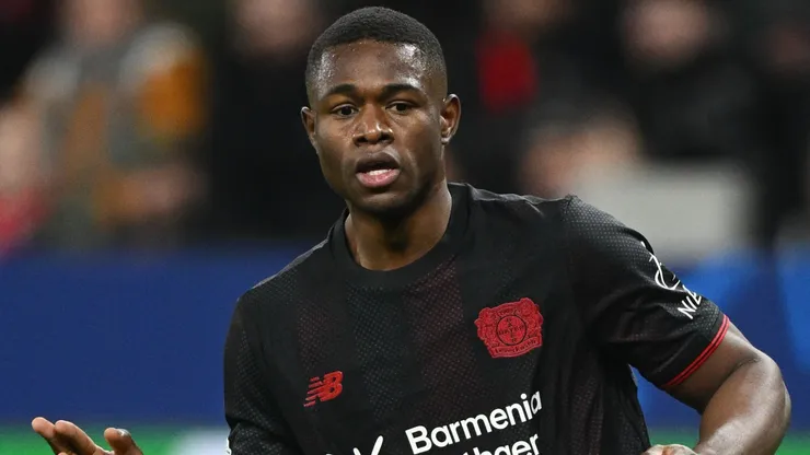 Christian Kofane of Bayer Leverkusen in action during the UEFA Champions League.