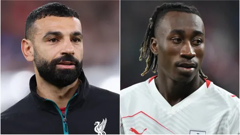 Mohamed Salah of Liverpool and Yan Diomande of RB Leipzig.