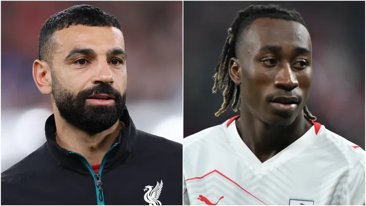 Mohamed Salah of Liverpool and Yan Diomande of RB Leipzig.