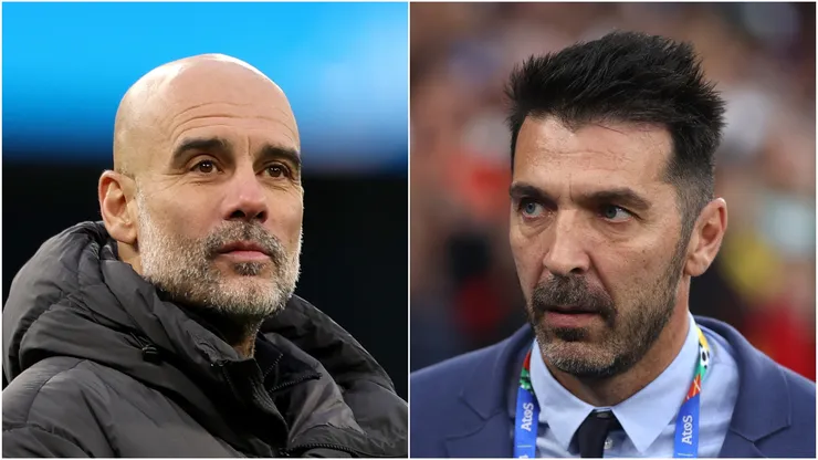 Pep Guardiola (L), Manager of Manchester City & Gianluigi Buffon (R), National Team Delegation Head of Italy.