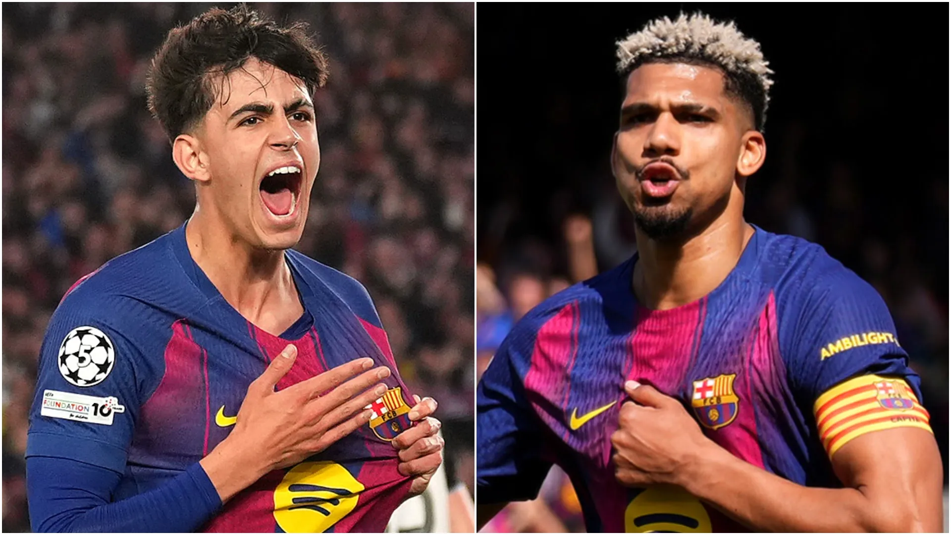 Barcelona stars Marc Bernal and Ronald Araujo celebrating a goal.