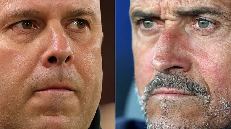 Arne Slot, Manager of Liverpool (L) and Luis Enrique, Head Coach of Paris Saint-Germain