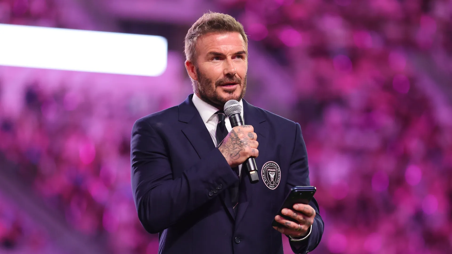 David Beckham, Co-owner of Inter Miami CF, speaks prior to the game against Austin FC at Nu Stadium.