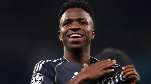 Vinicius Junior of Real Madrid celebrates victory following the UEFA Champions League.