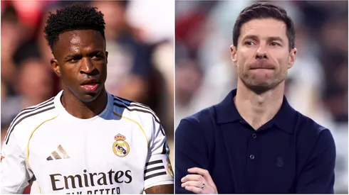 Vinicius Jr of Real Madrid CF and Xabi Alonso.