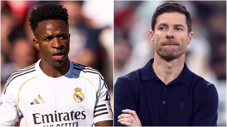 Vinicius Jr of Real Madrid CF and Xabi Alonso.