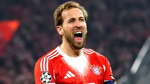 Harry Kane of FC Bayern Munich celebrates scoring a goal in the Champions League.