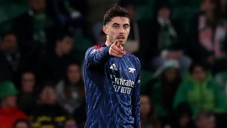 Kai Havertz of Arsenal celebrates scoring against Sporting CP.