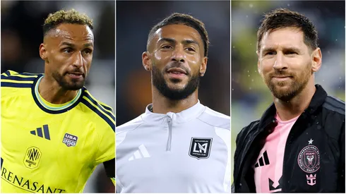 Hany Mukhtar (L)of Nashville SC, Denis Bouanga (M) of the Los Angeles FC, and Lionel Messi (R) of Inter Miami CF.