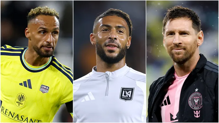 Hany Mukhtar (L)of Nashville SC, Denis Bouanga (M) of the Los Angeles FC, and Lionel Messi (R) of Inter Miami CF.
