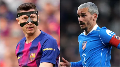 Robert Lewandowski (L) of FC Barcelona and Antoine Griezmann (R) of Atletico Madrid.