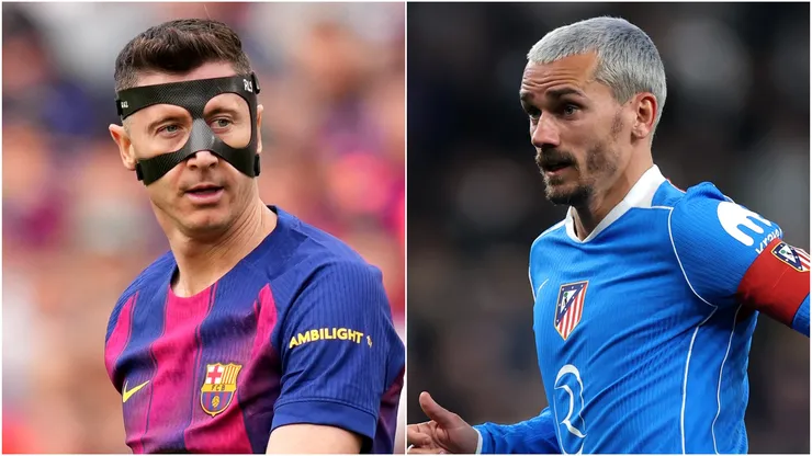 Robert Lewandowski (L) of FC Barcelona and Antoine Griezmann (R) of Atletico Madrid.