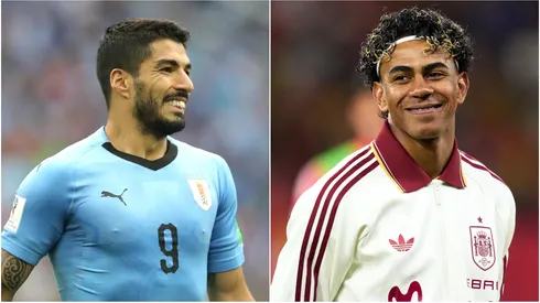 Luis Suarez (L) of Uruguay and Lamine Yamal (R) of Spain.