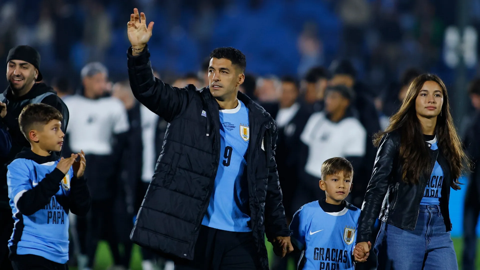 Luis Suarez of Uruguay acknowledges the fans on his last match as a player of the Uruguay national team.