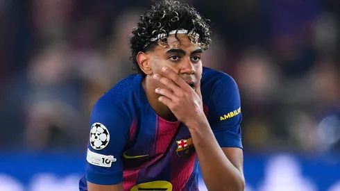 Lamine Yamal of FC Barcelona shows his dejection after the UEFA Champions League.