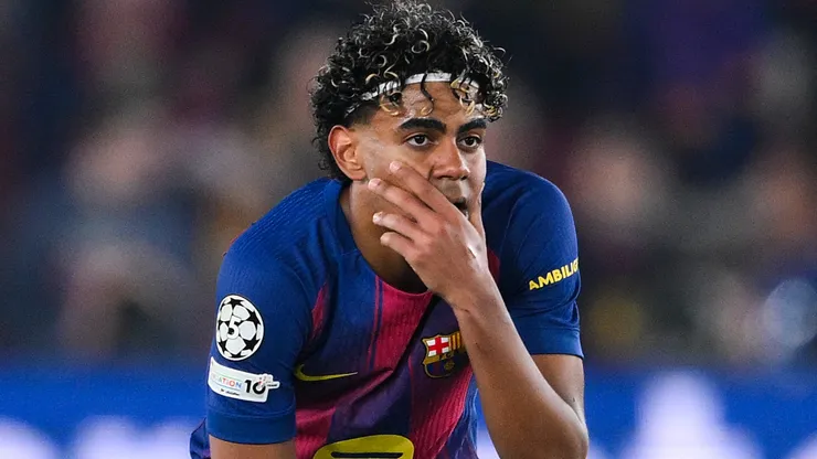 Lamine Yamal of FC Barcelona shows his dejection after the UEFA Champions League.
