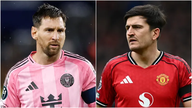 Lionel Messi (L) #10 of Inter Miami CF and Harry Maguire (R) of Manchester United.