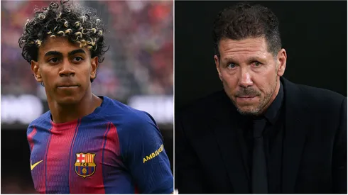 Lamine Yamal of FC Barcelona and Diego Pablo Simeone, Head Coach of Atletico de Madrid.