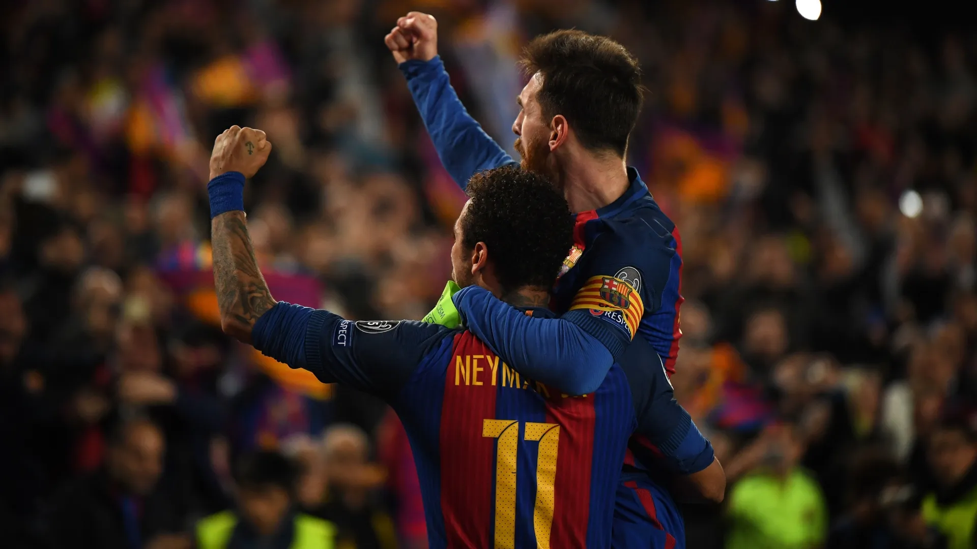 Lionel Messi and Neymar of Barcelona celebrate against PSG in 2017.