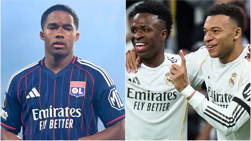 Endrick of Olympique De Lyon, Vinicius Jr and Kylian Mbappe of Real Madrid.