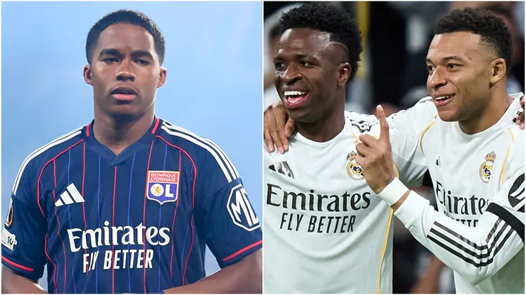 Endrick of Olympique De Lyon, Vinicius Jr and Kylian Mbappe of Real Madrid.