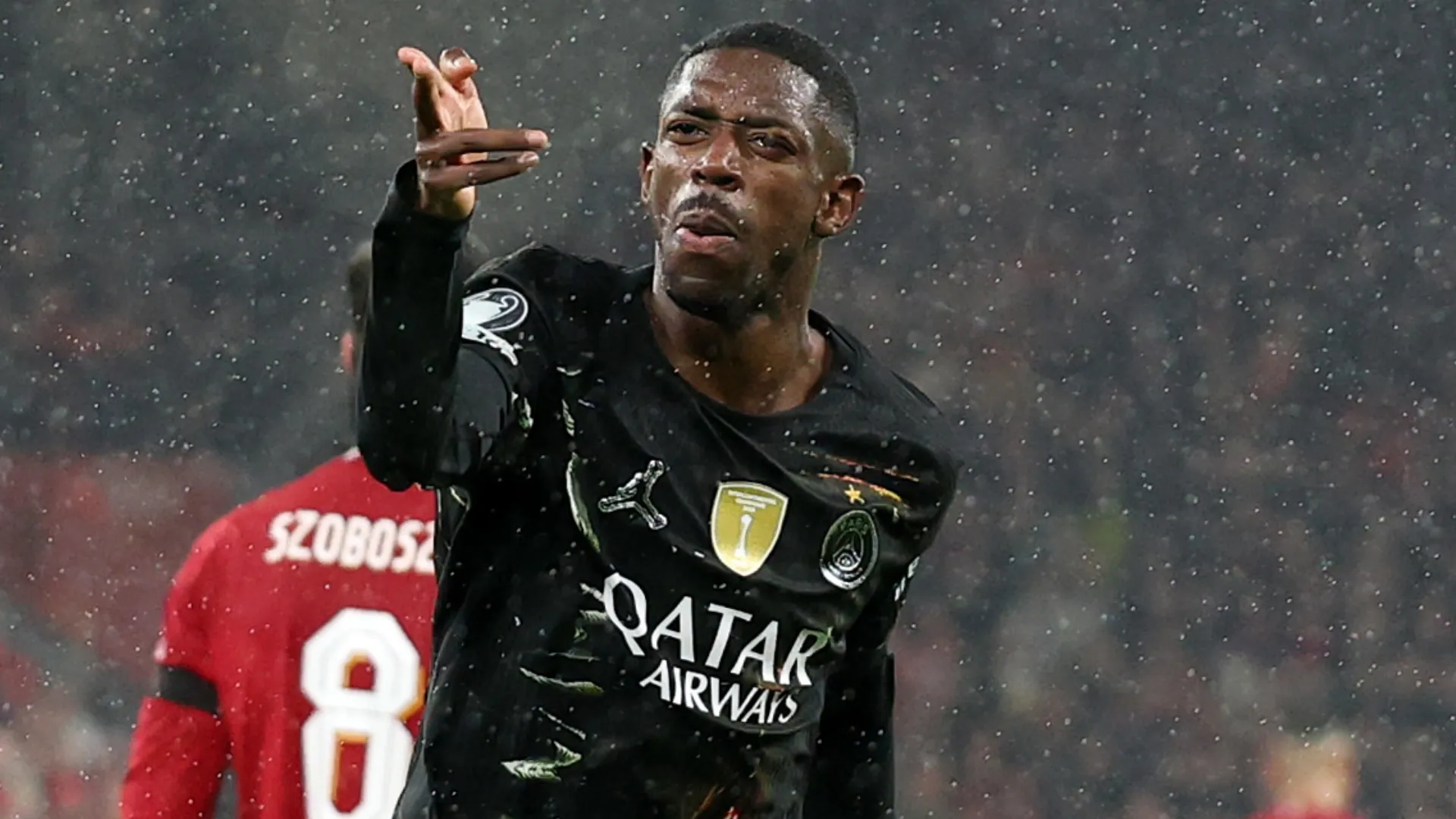 PSG star Ousmane Dembele celebrating a brace vs Liverpool