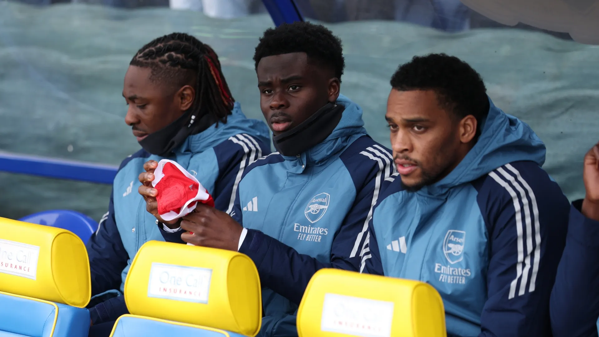 Eberechi Eze, Bukayo Saka and Jurrien Timber of Arsenal.