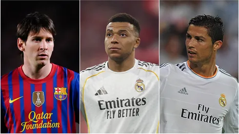 Lionel Messi (L) of FC Barcelona, Kylian Mbappe (M), and Cristiano Ronaldo (R) of Real Madrid CF.