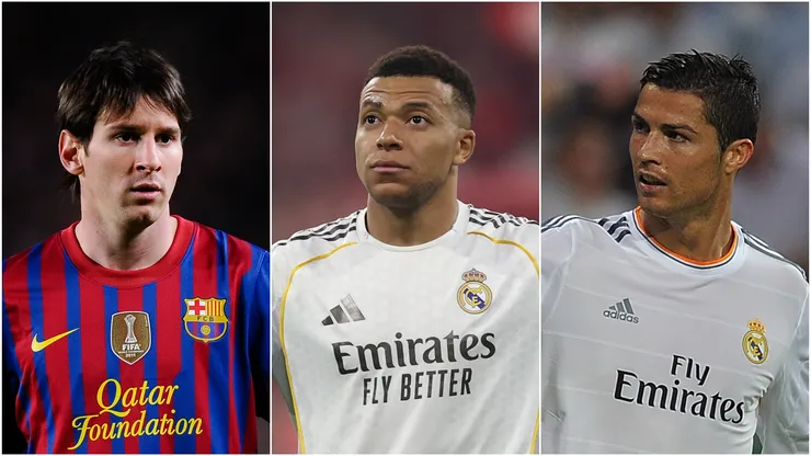 Lionel Messi (L) of FC Barcelona, Kylian Mbappe (M), and Cristiano Ronaldo (R) of Real Madrid CF.