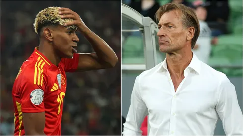 Lamine Yamal of Spain and Saudi Arabia former coach Herve Renard.