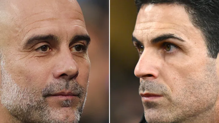 Pep Guardiola, Manager of Manchester City (L) and Mikel Arteta, Manager of Arsenal