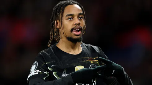 Bradley Barcola of Paris Saint-Germain celebrates scoring a goal.