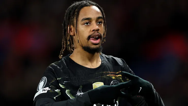 Bradley Barcola of Paris Saint-Germain celebrates scoring a goal.