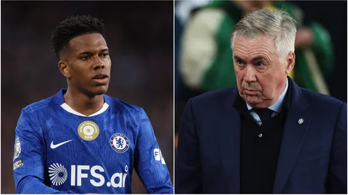 Estevao (L) of Chelsea and Carlo Ancelotti (R), Head Coach of Brazil.