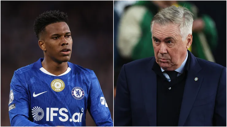 Estevao (L) of Chelsea and Carlo Ancelotti (R), Head Coach of Brazil.