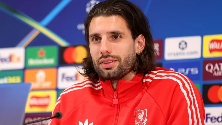 Dominik Szoboszlai of Liverpool speaks to the media.