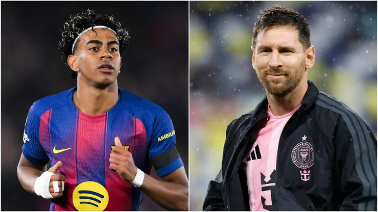 Lamine Yamal (L) of FC Barcelona and Lionel Messi (R) #10 of Inter Miami CF.