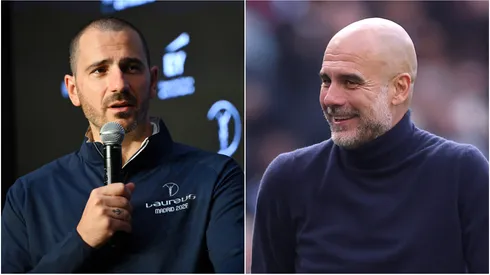 Leonardo Bonucci (L) and Pep Guardiola (R), head coach of Manchester City.