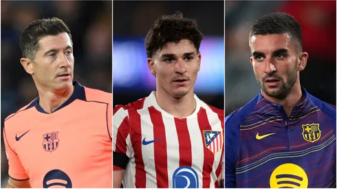 Robert Lewandowski (L) of FC Barcelona, Julian Alvarez (M) of Atletico de Madrid, and Ferran Torres (R) of FC Barcelona.