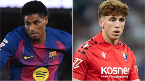 Marcus Rashford of FC Barcelona and Victor Muñoz of CA Osasuna.